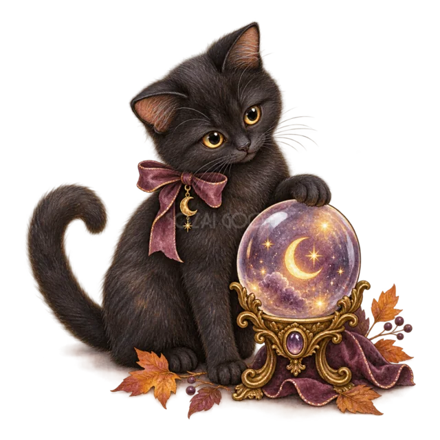 紫色に輝く水晶玉に触れる黒猫の水彩ハロウィンイラスト（背景透過PNG）