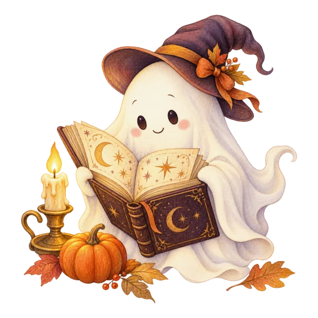 ろうそくの灯りで魔法の本を読むおばけの水彩イラスト（背景透過PNG）