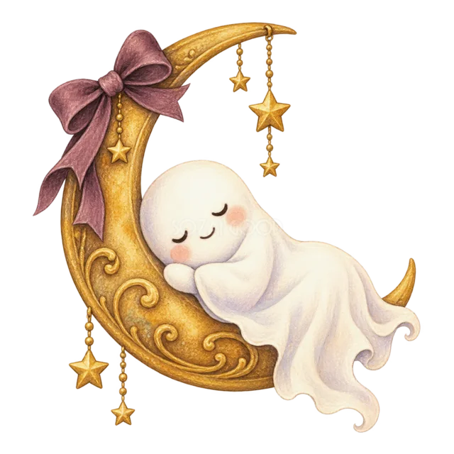 三日月のベッドで眠る白いおばけの水彩ハロウィンイラスト（背景透過PNG）