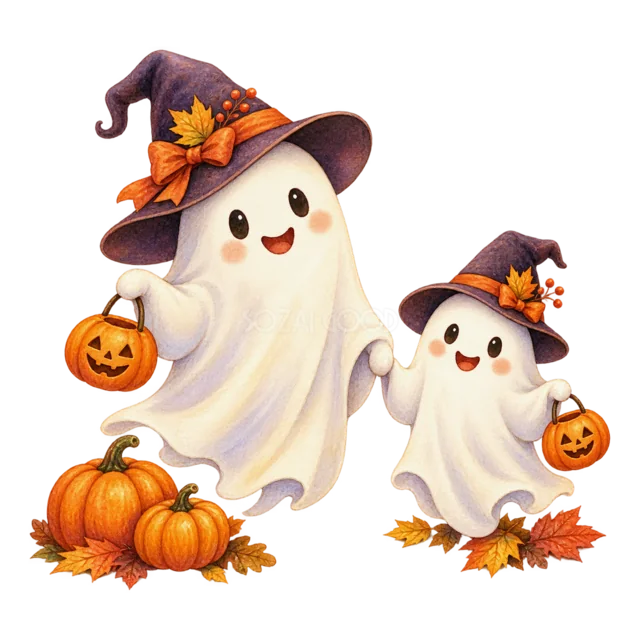 かぼちゃバケツを持って並ぶ親子おばけの水彩ハロウィンイラスト（背景透過PNG）