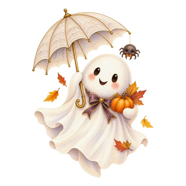 クモ付きの傘を差して歩く白いおばけの水彩ハロウィンイラスト（背景透過PNG）