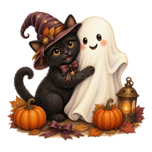 魔女帽子の黒猫と白いおばけが仲良く寄り添う水彩イラスト（背景透過PNG）