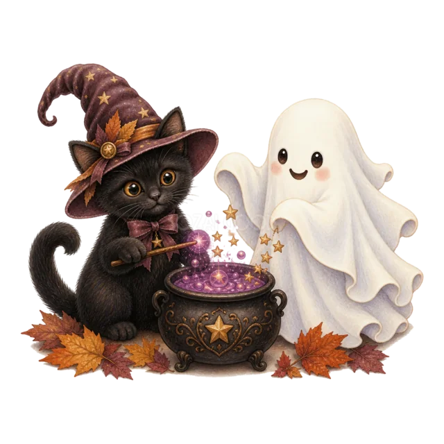 紫色の魔法薬を一緒に作る黒猫とおばけの水彩イラスト（背景透過PNG）