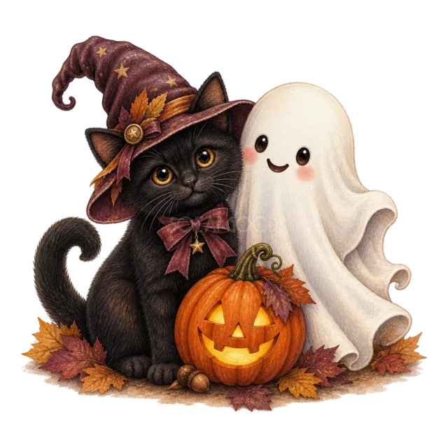 ジャックオランタンと並んで座る黒猫とおばけの水彩イラスト（背景透過PNG）