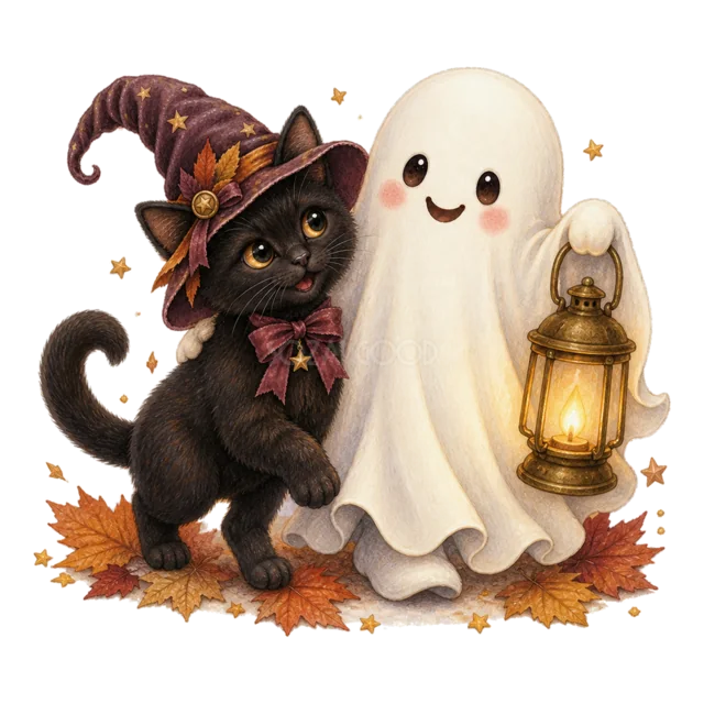 灯りのともるランタンを持つおばけと黒猫の水彩イラスト（背景透過PNG）