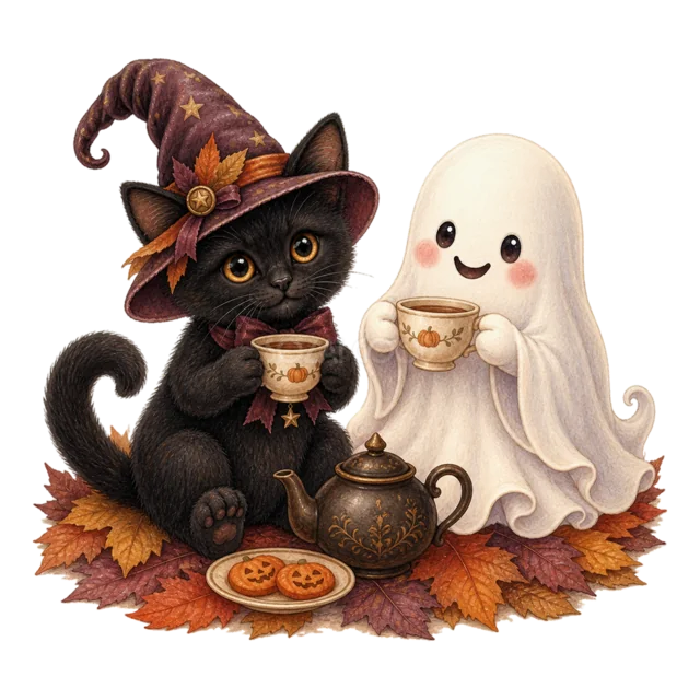 温かいお茶とクッキーを楽しむ黒猫とおばけの水彩イラスト（背景透過PNG）
