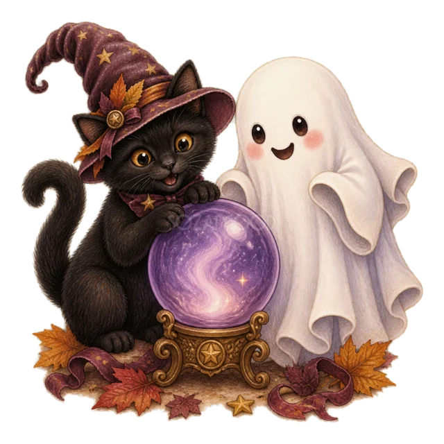 紫色の水晶玉を一緒にのぞく黒猫とおばけの水彩イラスト（背景透過PNG）