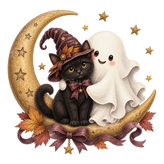 星飾りの三日月に一緒に座る黒猫とおばけの水彩イラスト（背景透過PNG）