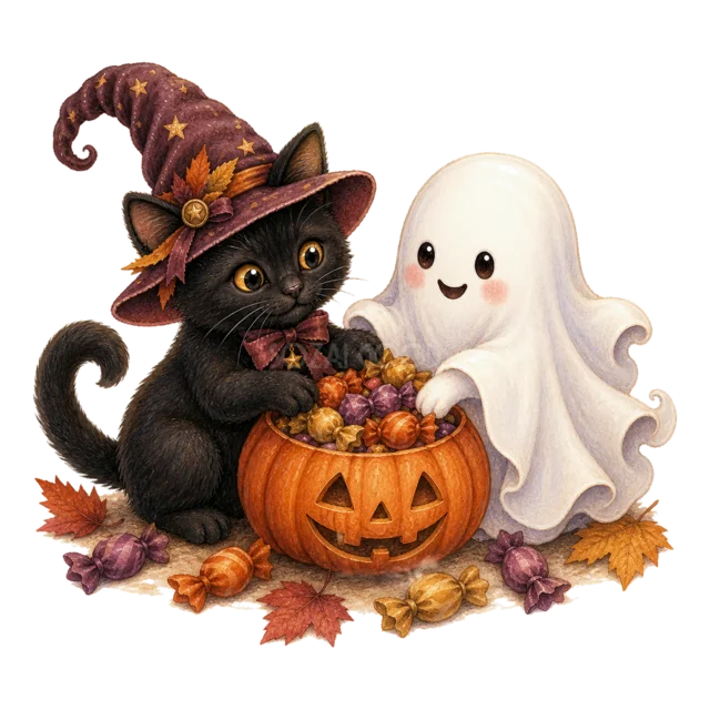 かぼちゃバケツのお菓子を分け合う黒猫とおばけの水彩イラスト（背景透過PNG）