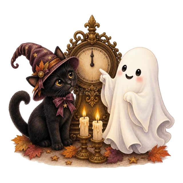 アンティーク時計とろうそくの前に座る黒猫とおばけの水彩イラスト（背景透過PNG）
