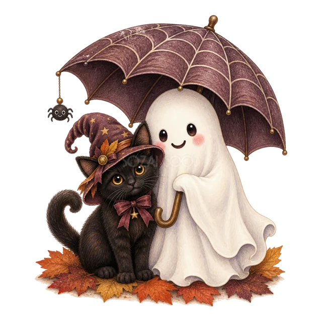 クモの巣模様の傘に一緒に入る黒猫とおばけの水彩イラスト（背景透過PNG）