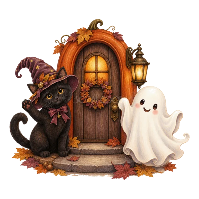 ランタンを飾った玄関前に座る黒猫とおばけの水彩イラスト（背景透過PNG）