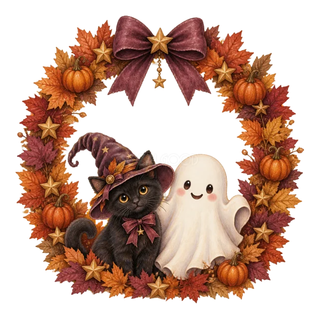 かぼちゃと紅葉の丸いリースに入る黒猫とおばけの水彩イラスト（背景透過PNG）