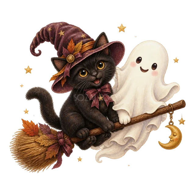 魔女のほうきに一緒に乗る黒猫とおばけの水彩イラスト（背景透過PNG）