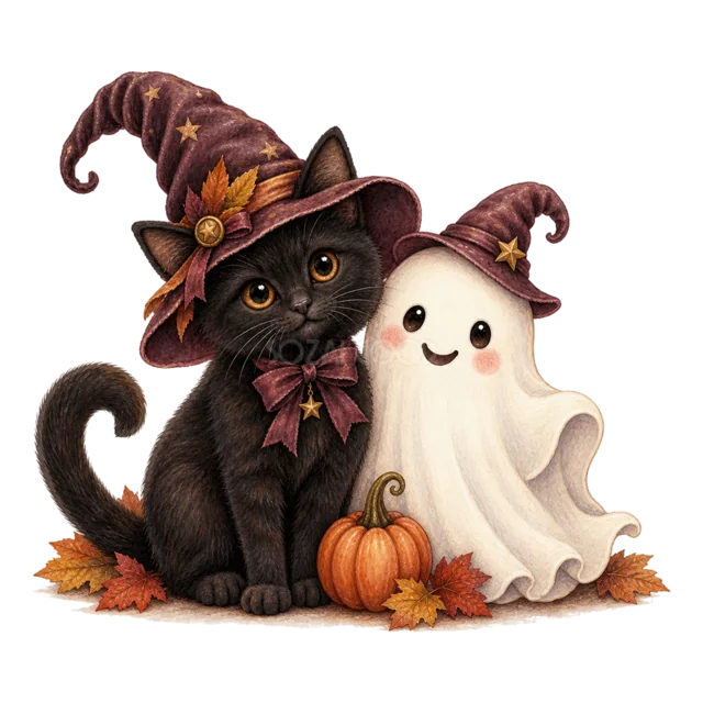 魔女帽子の黒猫とおばけがかぼちゃと並ぶ水彩イラスト（背景透過PNG）