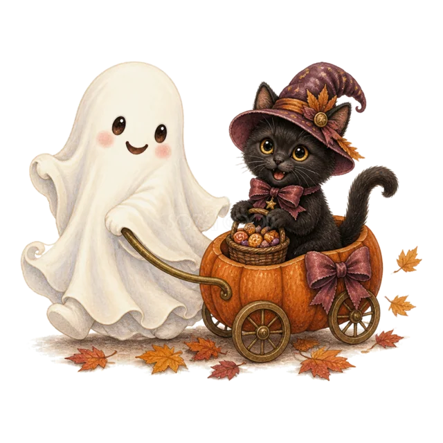 かぼちゃのカートを押すおばけと黒猫の水彩イラスト（背景透過PNG）
