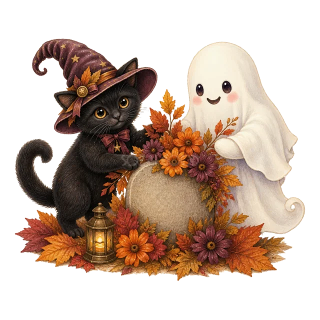 秋の花とかぼちゃを一緒に飾る黒猫とおばけの水彩イラスト（背景透過PNG）