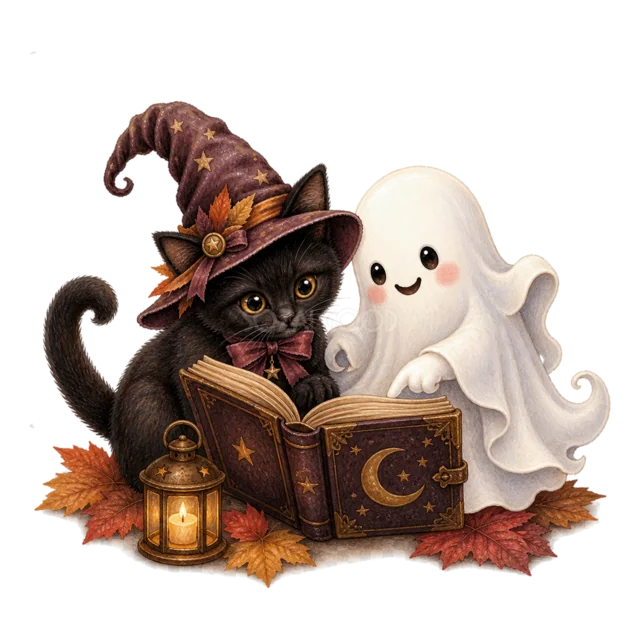 魔法の本を一緒に読む黒猫とおばけの水彩ハロウィンイラスト（背景透過PNG）