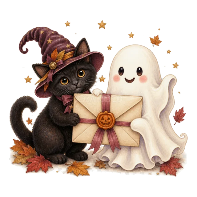 かぼちゃの封蝋付き手紙を持つ黒猫とおばけの水彩イラスト（背景透過PNG）