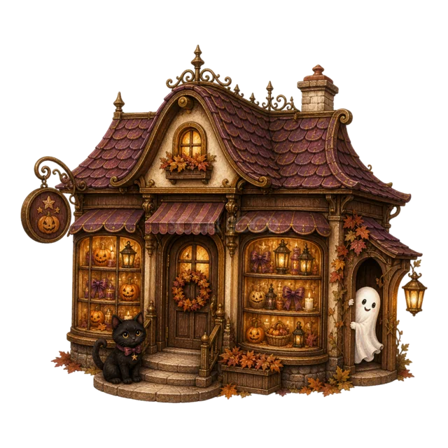 黒猫とおばけが迎える小さなハロウィン雑貨店（背景透過PNG）