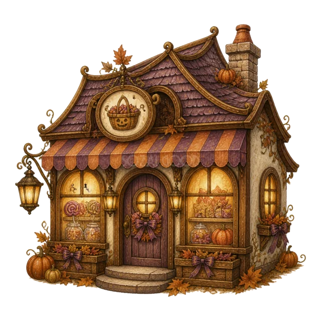 かぼちゃとお菓子が並ぶ小さなハロウィンショップ（背景透過PNG）