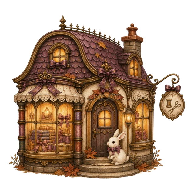 白うさぎが迎える上品なハロウィンティーショップ（背景透過PNG）