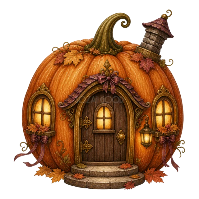 笑顔の大きなかぼちゃをかたどったハロウィンハウス（背景透過PNG）