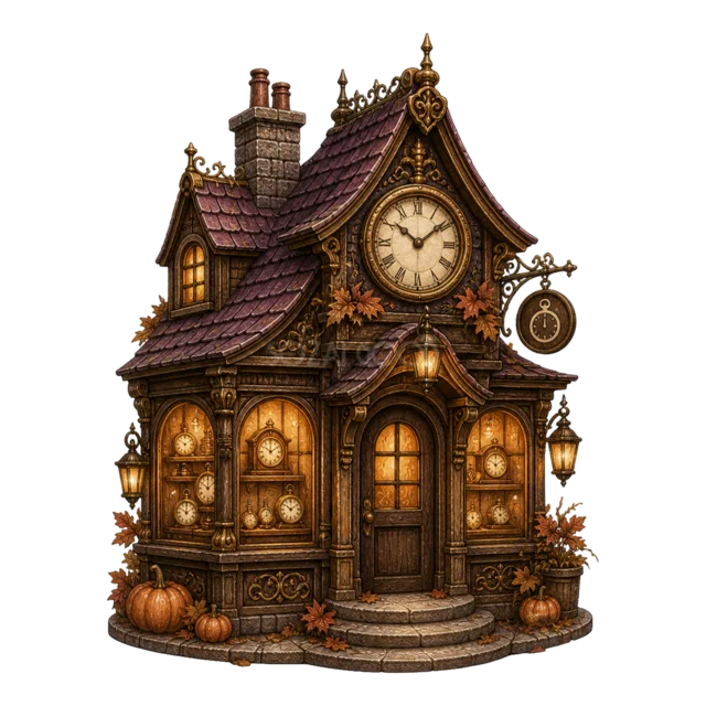 大きなアンティーク時計を飾ったハロウィン時計店（背景透過PNG）
