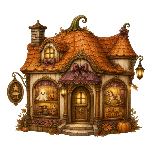 窓辺のおばけとかぼちゃを飾った小さなお菓子店（背景透過PNG）