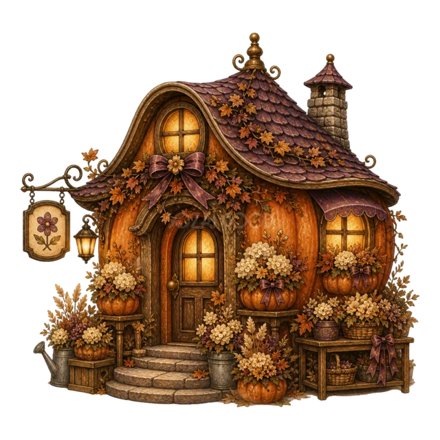 秋の花とかぼちゃに囲まれた小さなハロウィン花屋（背景透過PNG）