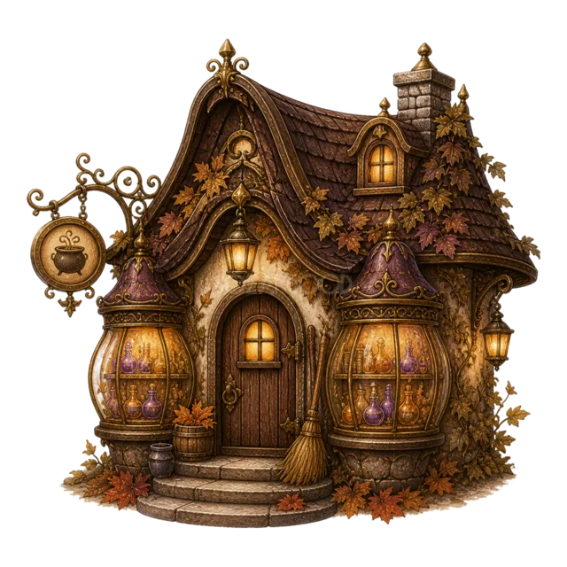 魔法薬の大きな瓶を窓に飾ったハロウィンショップ（背景透過PNG）