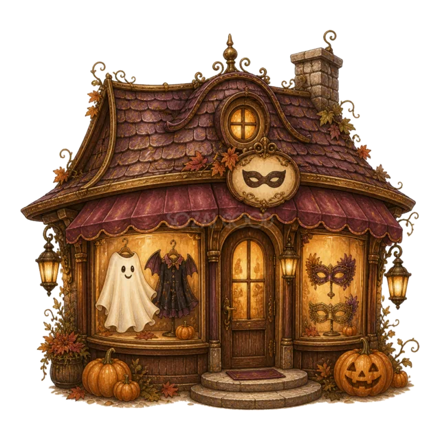 おばけと黒猫の仮装衣装を飾ったハロウィン衣装店（背景透過PNG）