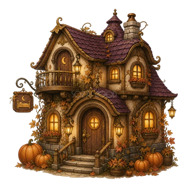 たくさんのかぼちゃとランタンを飾った3階建ての家（背景透過PNG）