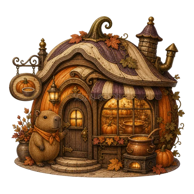 カピバラが迎えるかぼちゃ屋根のハロウィンカフェ（背景透過PNG）
