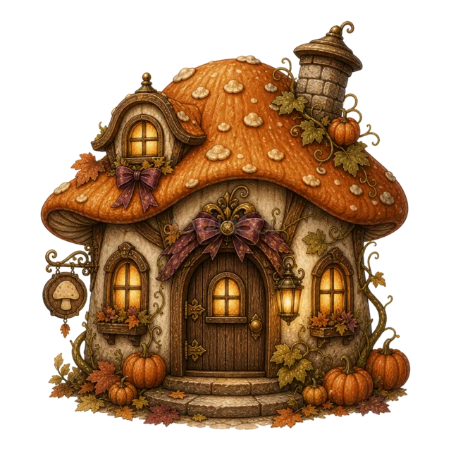 紅葉とかぼちゃを飾ったオレンジ色のきのこハウス（背景透過PNG）