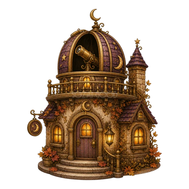 三日月の看板と天体望遠鏡があるハロウィンの家（背景透過PNG）