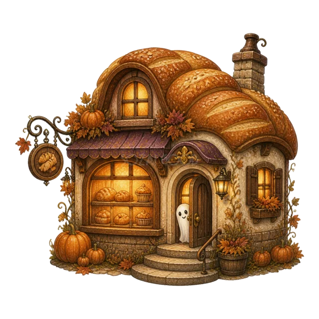 パンの屋根とかぼちゃを飾った小さなハロウィンベーカリー（背景透過PNG）