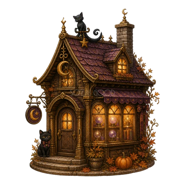 屋根の黒猫とかぼちゃがかわいい魔女の小さな家（背景透過PNG）