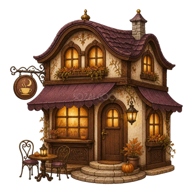 テラス席とかぼちゃを飾った小さなハロウィンカフェ（背景透過PNG）