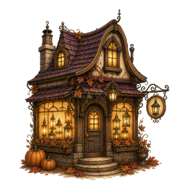 魔法薬の瓶が並ぶ小さなハロウィン薬草店（背景透過PNG）