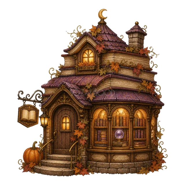 紫色の魔法薬を飾ったアンティークなハロウィンショップ（背景透過PNG）