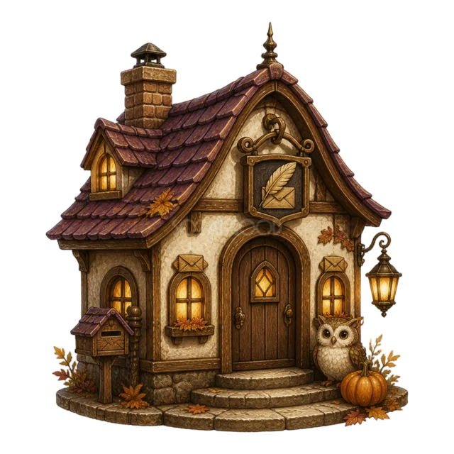 フクロウとランタンが迎える小さなハロウィンの家（背景透過PNG）