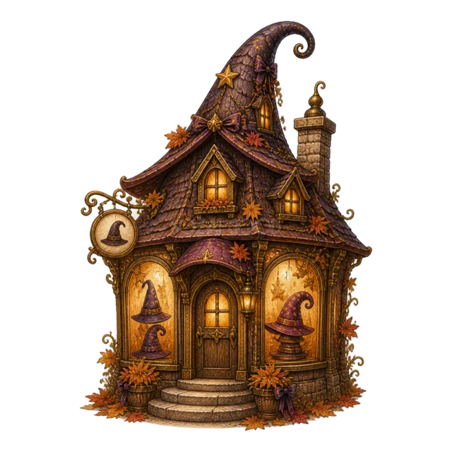 魔女帽子の屋根と三日月の看板がある魔法店（背景透過PNG）