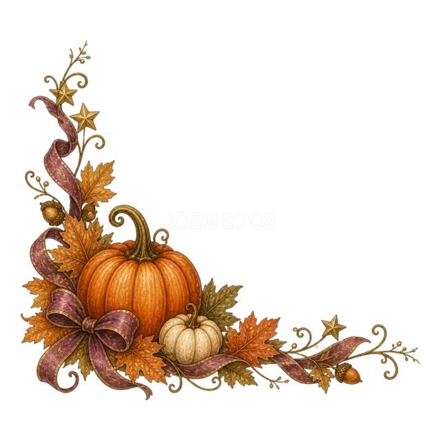 かぼちゃ・紅葉・紫リボンを飾った水彩ハロウィンコーナー（背景透過PNG）