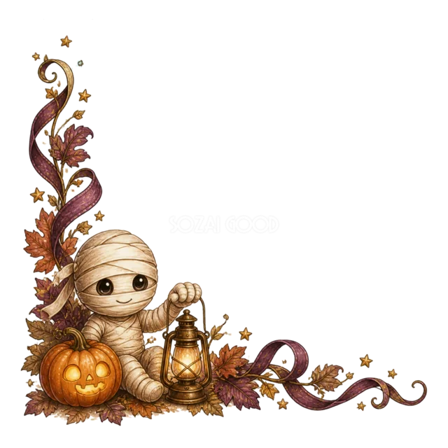 ランタンを持つかわいいミイラの水彩ハロウィンコーナー（背景透過PNG）