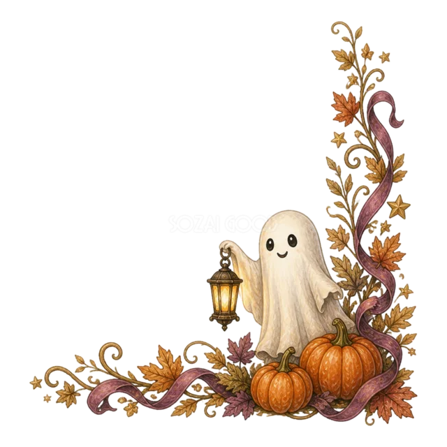 ランタンを持つおばけとかぼちゃの水彩ハロウィンコーナー（背景透過PNG）