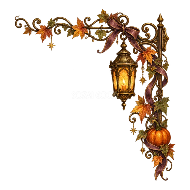 アンティークランタンとかぼちゃ蔓の水彩ハロウィンコーナー（背景透過PNG）