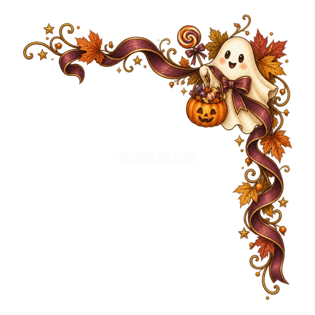 かぼちゃバケツを持つおばけと紅葉の水彩コーナー（背景透過PNG）