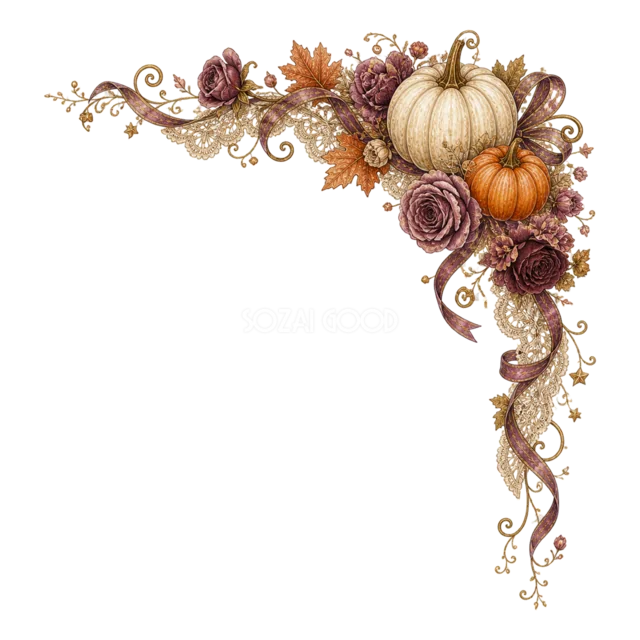 白いかぼちゃとくすみ色のバラの水彩ハロウィンコーナー（背景透過PNG）