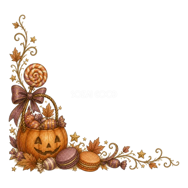 お菓子入りかぼちゃバスケットの水彩ハロウィンコーナー（背景透過PNG）